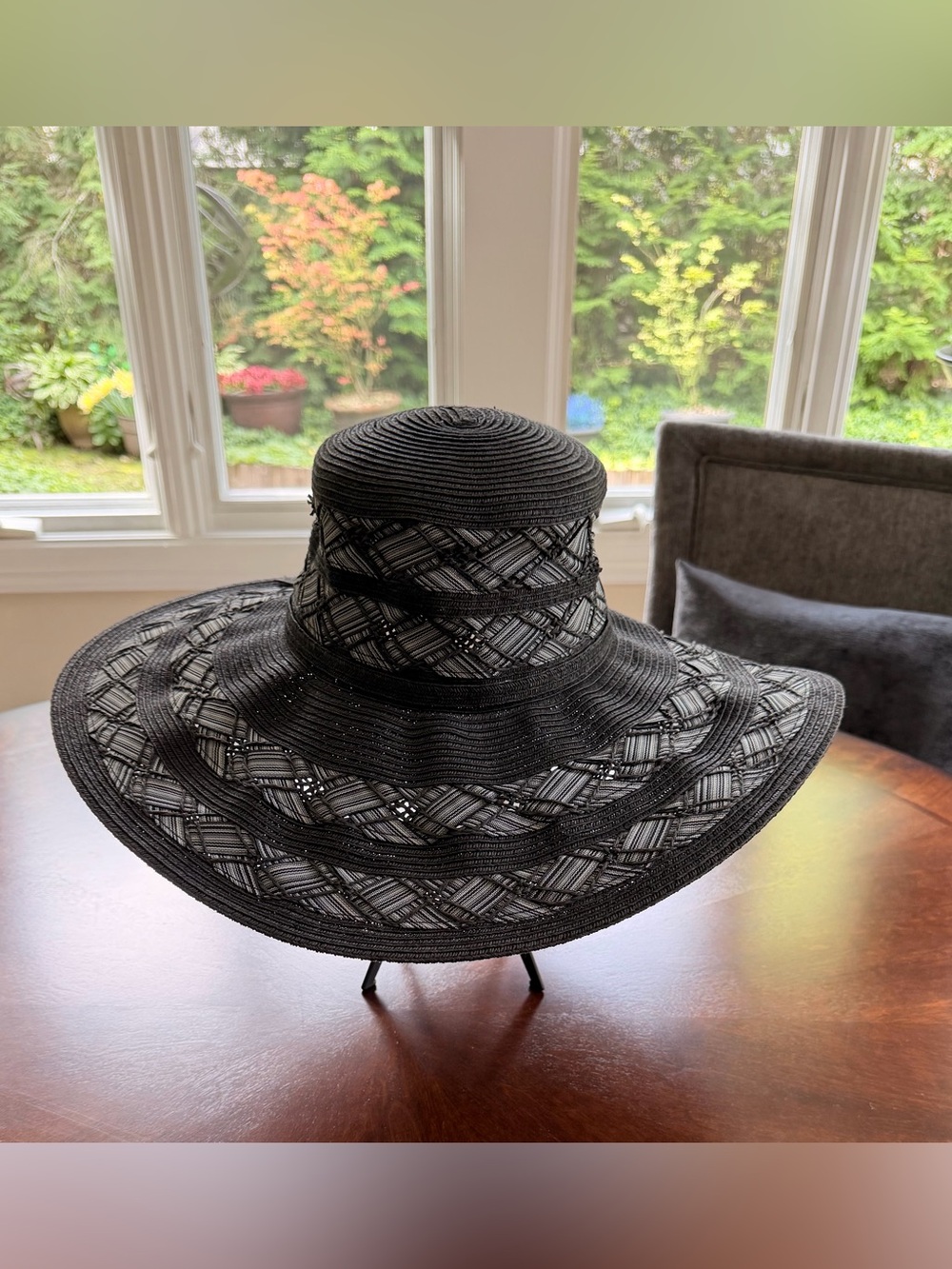 Vintage Black Wide Brim Woven Statement Hat – Elegant Dress / Wedding Hat